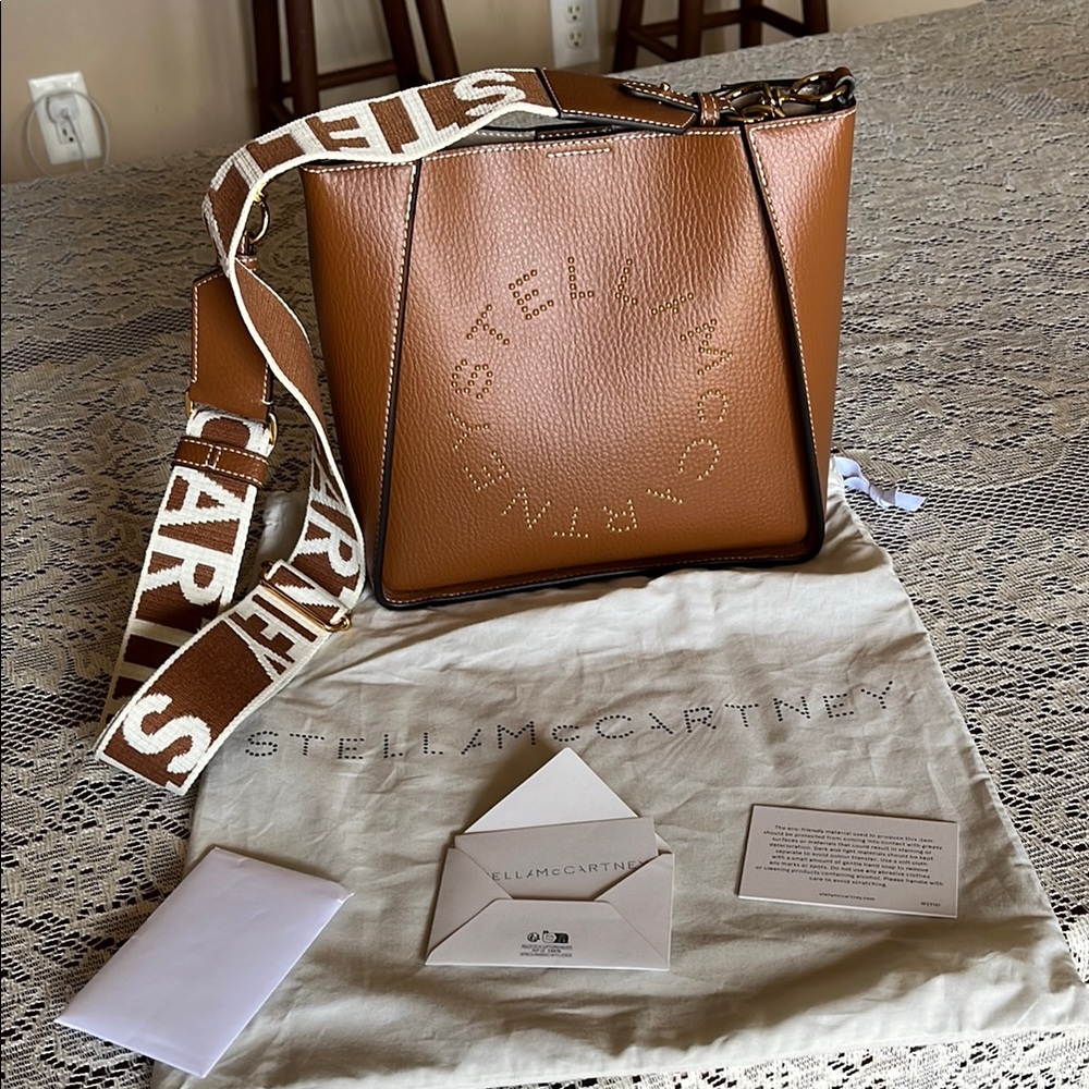 Authentic Stella McCartney Brown Crossbody Bag with Embossed Gold Studded Logo